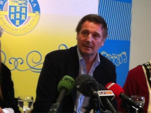 Liam Neeson at a press conference in Ballymena