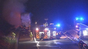 The scene of the lorry fire on the M1 on Wednesday evening