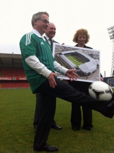 DoE Minister Alex Attwood and Sports Minister Cara Ni Chuilian with new look Windsor Park