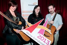 L TO R: Firstsource employees Sharon White, Aoife White and Nate McCartney have been selected to showcase their talent at the ‘Music City!’ festival in Derry~Londonderry on June 21