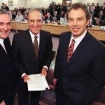 Bertie Ahern, George Mitchell and Tony Blair with the Good Friday Agreement
