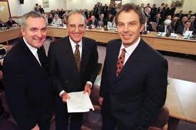 Bertie Ahern, George Mitchell and Tony Blair with the Good Friday Agreement