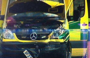 The mangled front of the Mercedes ambulance following crash in west Belfast