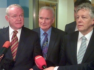 Martin McGuinness, Allstate MD Bro McFerran and First Minster Peter Robinson at jobs announcement on Tuesday