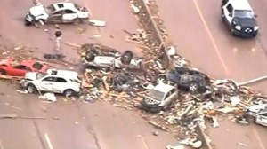 The wreckage on a motorway in Moore, Oklhahoma after tornado strikes