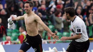 Glens striker Andy Waterworth celebrates after equalising against Cliftonville
