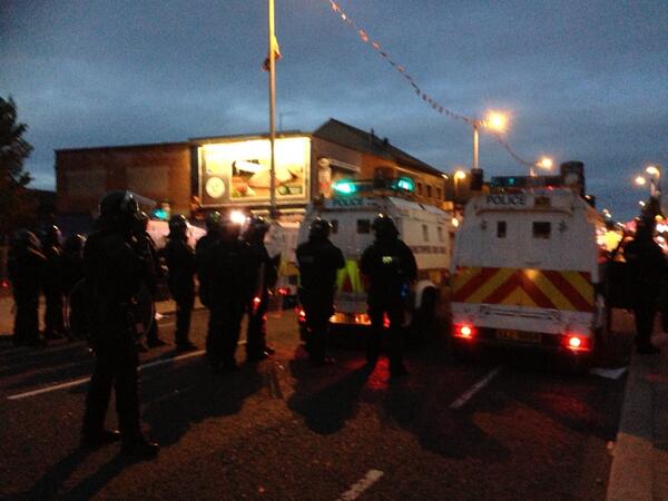 PSNI riot squad units dealing with trouble in the lower Newtownards Road in east Belfast in july 2013