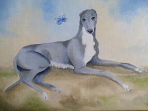 The oil painting of Norman the racing greyhound which is being auctioned to raise funds for his recuperation