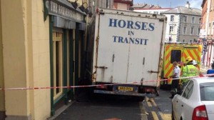 The scene of the accident in Downpatrick of the runaway horsebox which struck a woman and infant child
