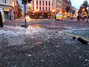 The aftermath of rioting in Royal Avenue on Friday night