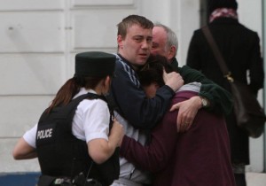 Relatives of Barry McCrory at the scene in Shipquay Street