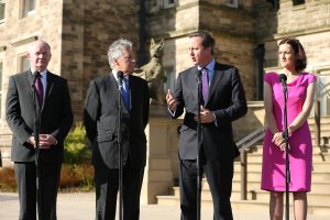 First Minister Peter Robinson and deputy First Minister Martin McGuinness are pictured after meeting the Secretary of State for Northern Ireland Theresa Villiers and Prime Minister David Cameron at Stormont Castle. PICTURE: KELVIN BOYES/PRESS EYE 