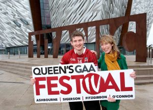 Eimear Callaghan of the Northern Ireland Tourist Board (NITB) and Co Down player Conor Maginn are pictured at Titanic Belfast, one of the many attractions thousands of visitors can look forward to seeing when they visit Belfast for the first ever Queen’s GAA Festival. 