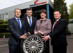 Pictured at Schrader Electronics Ltd‚Äôs Antrim facility are, left to right: Stephen McClelland, Schrader Electronics Managing Director, Alastair Hamilton, Chief Executive, Invest NI, Enterprise Minister Arlene Foster and Graeme Thompson, Schrader.PIC: WILLIE CHERRY/PRESS EYE