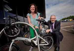 Transport Minister Danny Kennedy is pictured with cyclist Claire Mulvenna. Picture by Brian Morrison.