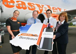 Cabin Crew member Christine Adair launching the new easyJet routes to Bordeaux and Jersey from Belfast International Airport. She is pictured with Uel Hoey, Business Development Director at Belfast International Airport alongside First Officer Richard Packman and Ali Gayward, , easyJet’s Head of Northern Ireland