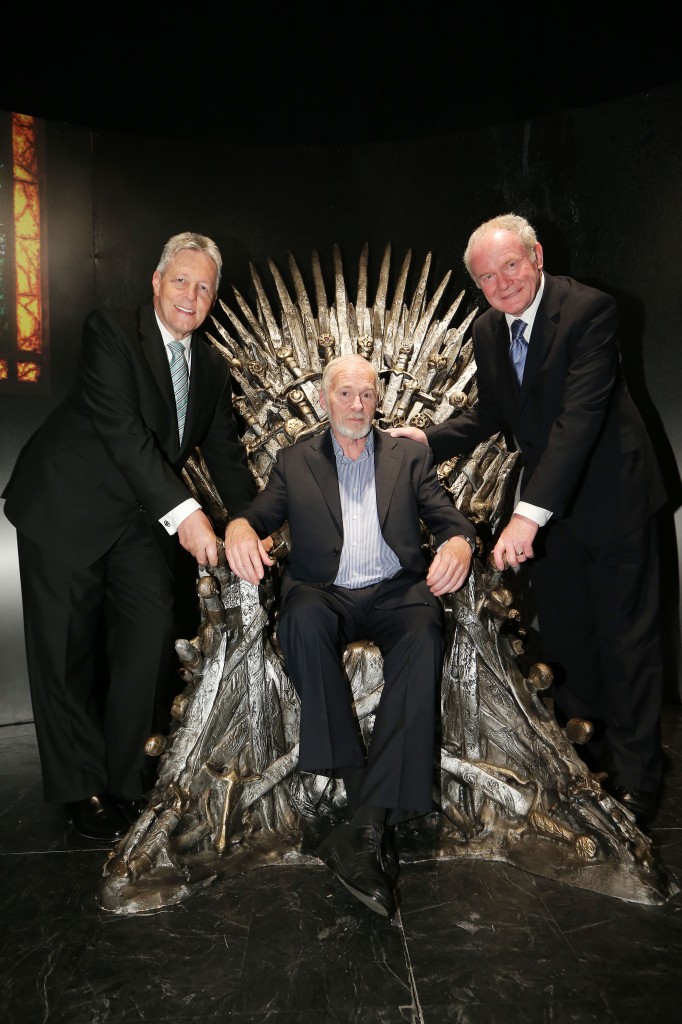First Minister, Peter Robinson and deputy First Minister Martin McGuinness pictured with Game of Thrones cast member Ian McElhinney at the official launch of the Game of Thrones Exhibition at the Waterfront Hall Belfast. PIC:KELVIN BOYES/PRESSEYE