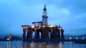 The Blackdolphin oil rig lit up at night in Belfast