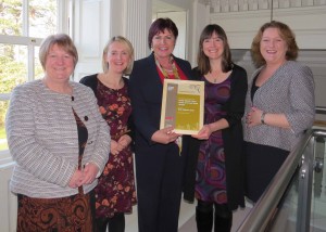 Pictured (l to r) picking up the Heritage award are Geraldine McGovern, Marble Arch Caves Global Geopark, Dr Kirstin Lemon, Geological Survey NI, Minister Ann Phelan TD, Úna Collier and Elish Gray, Border Uplands Project / Marble Arch Caves Global Geopark.