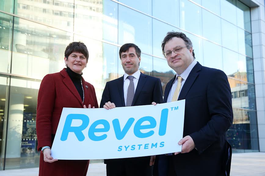 Ministers Arlene Foster and Dr Stephen Farry pictured at the Invest Northern Ireland Head Quarters with Chief Technology Officer and Co-founder of Revel Systems Chris Ciabarra. PIC: KELVIN BOYES/PRESSEYE