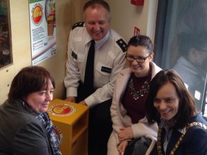 Lord Mayor Nicola Mallon (right) with community workers and a senior police chief at launch of drugs bin