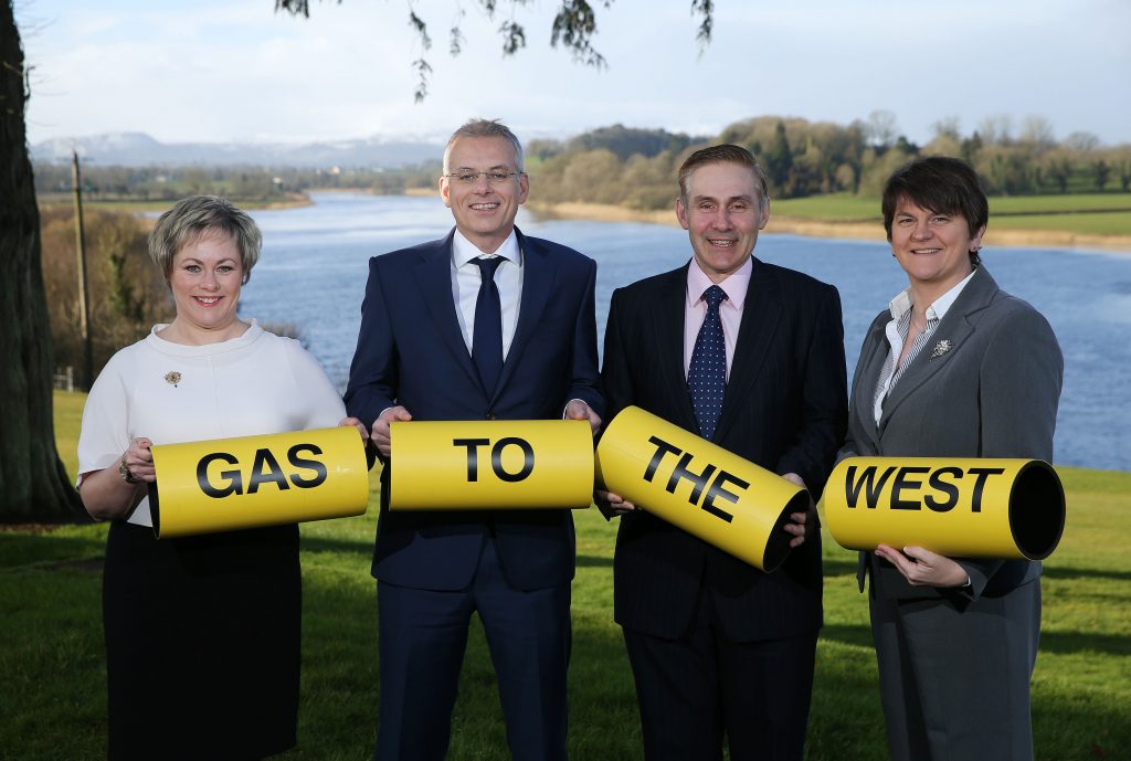 Pictured at the launch are Jenny Pyper, Chief Executive of the Utility Regulator; John Morea, SGN Chief Executive; Paddy Larkin, Chief Executive, Mutual Energy and Enterprise, Trade and Investment Minister Arlene Foster. PIC By Kelvin Boyes/PRESSEYE