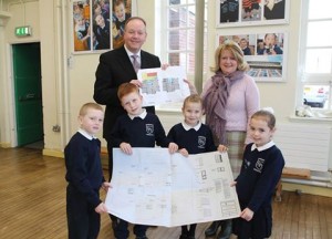 William Humphrey views the extension plans along with Springfield Primary School Principal Kathryn Haugh and P3 pupils Mason Martin, Harley Sterling, Madison White and Ashleah Cowan.