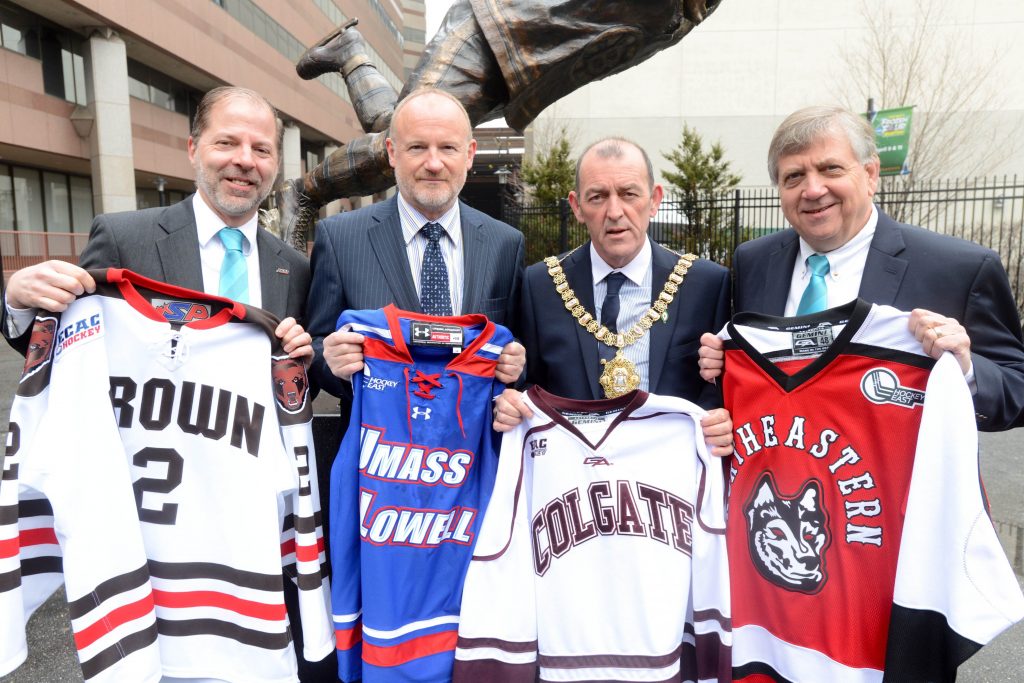 Pictured at the launch event in Boston is Stephen Hagwell, ECAC Hockey Commissioner, Eric Porter, Chairman of the Odyssey Trust, Lord Mayor of Belfast, Councillor Arder Carson and Joe Bertagna, Hockey East Commissioner.