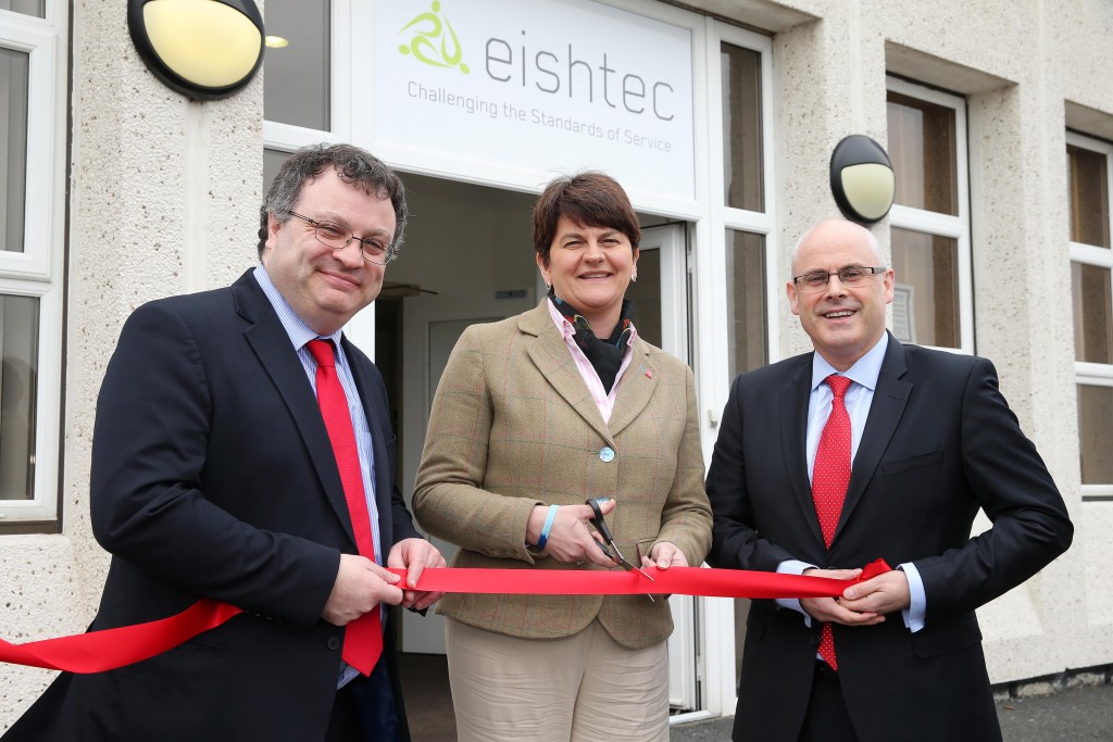 Enterprise, Trade and Investment Minister Arlene Foster and Minister for Employment and Learning, Dr Stephen Farry are pictured with Colm Tracey, Eishtec Ltd Operational Director, after announcing that the company is setting up a customer service centre in Craigavon that will create up to 320 jobs over the next three years. PICTURE: By Kelvin Boyes  / Press Eye.