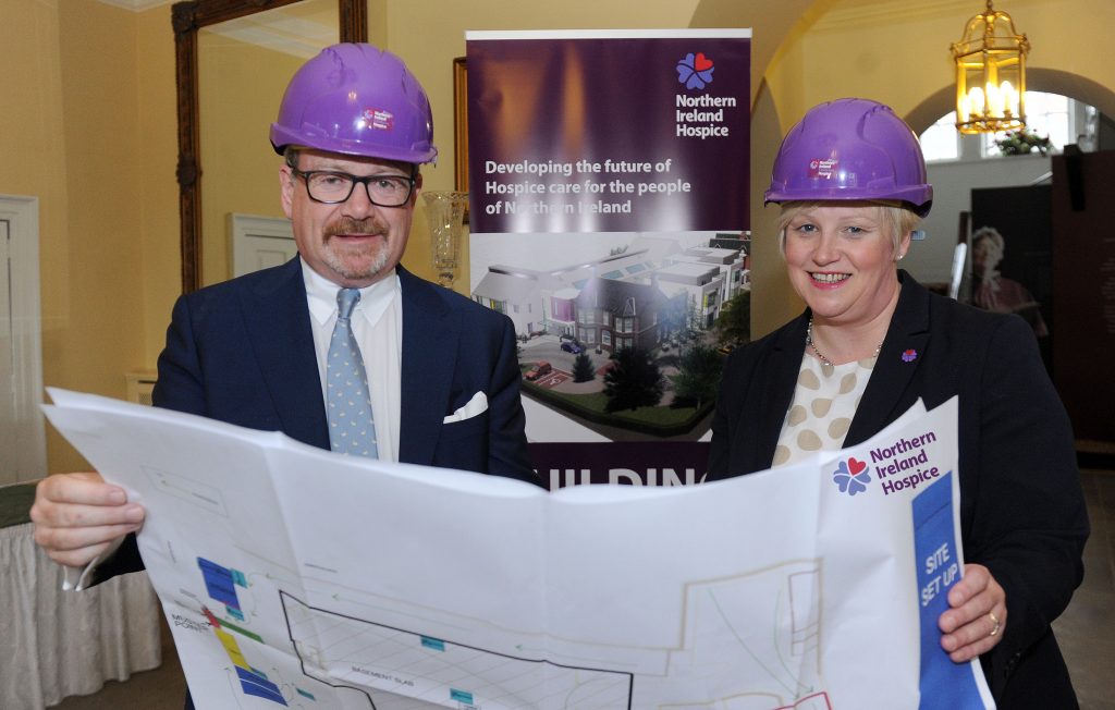 (l-r) David Watters, Chair, Belfast Charitable Society and Heather Weir, Chief Executive, Northern Ireland Hospice, view plans for the new £13m Northern Ireland Adult Hospice, which were boosted this week by a £100,000 donation from the Belfast Charitable Society. The donation is part of a three-year partnership with Belfast Charitable Society, which has pledged a total of £250,000 to support NI Hospice care and research into end of life care in Northern Ireland. Picture: Declan Roughan, Presseye.