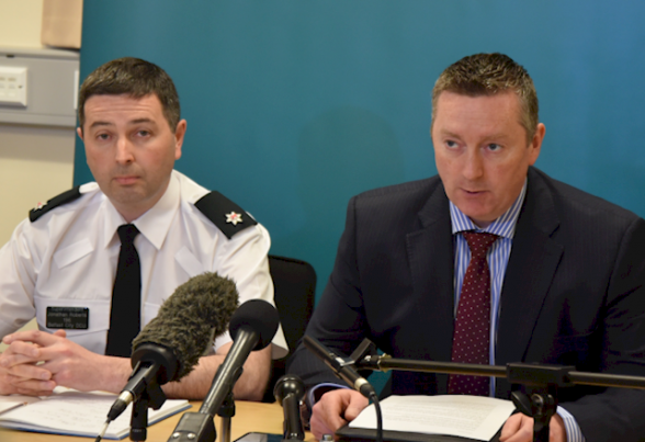 PSNI Supt Jonathan Roberts and DCI Richard Campbel at a press conference today in Dan Murry's cold blooded murder