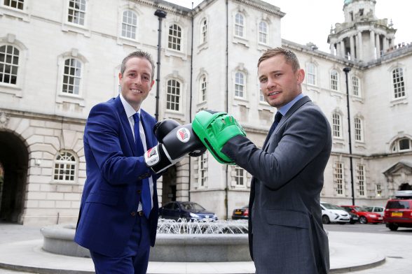 Sports Minister Paul Givan pictured with 2 time world champion Carl Frampton to announce  a funding package of up to £200,000 to help a number of amateur boxing clubs carry out capital works to improve their premises.   Photo by Kelvin Boyes / Press Eye