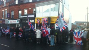 Loyalist protestors outside Alliance HQ 