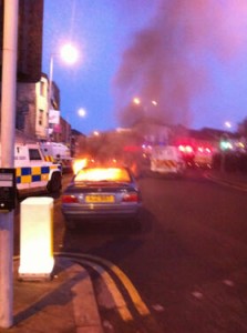 Burning car in Castlereagh Street, east Belfast on Saturday