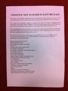 The peace leaflet being distributed in east Belfast