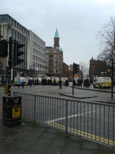 Riot police on duty at Belfast City Hall