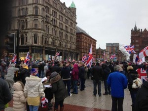 Union flag protetors at Belfast City Hall on Saturday