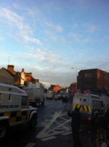 Four PSNI water cannons on Alberbridge Road