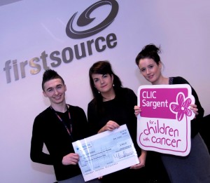 Firstsource staff present Michelle Carolan Fundraising officer for Clic Sargent with a cheque for £996.35