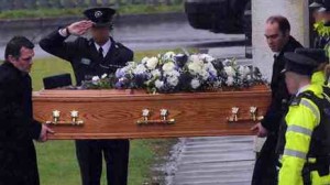 The coffin carrying the remains of Philippa Reynolds leaves Mossley Methodist Church