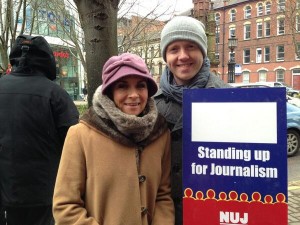 UNITED WEATHER FRONT..BBC presenters Cecilia Daly and Barra Best on strike in Belfast