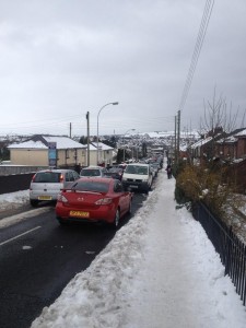Traffic queuing on the Hightown Road in Belfast
