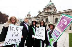 Councillor Deirdre Hargey (second left)  is joined by event organisers Anne McVicker and Helen Crickard, of WOMEN’STEC, Margaret Ward of Women’s Resource and Development Agency and activist Lynda Walker. 