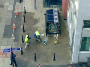 Workers find themselves in a tight spot outside the RVH in Belfast