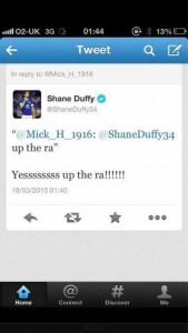 The offending message which appeared on Shane Duffy's Twitter account