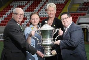 Marie Curie's Ann Hannon and Katarzyna Patynowska alongside Gerard Lawlor (Chairman of the Challenge Cup Committee & Cliftonville FC) and Glentoran's Aubry Ralph. Picture Credit: Matt Mackey / Press Eye