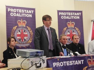 Former FAIR director Willie Frazer addresses press conference at launch of Protestant Coalition