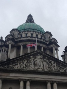 The Union flag flies at half mast over Belfast City Hall on one of the designated days.