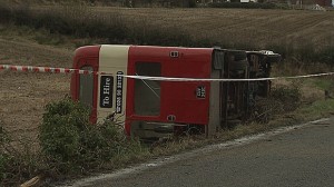 The double decker bus which toppled over carrying wedding guests on Saturday