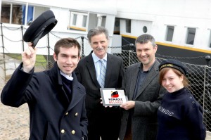 L-R):Mark Reid (SS Nomadic Crew), Denis Rooney CBE, Chairman of the SS Nomadic Charitable Trust, Craig McGuicken (Nomadic Trading Company)and Caroline Loughran (SS Nomadic Crew